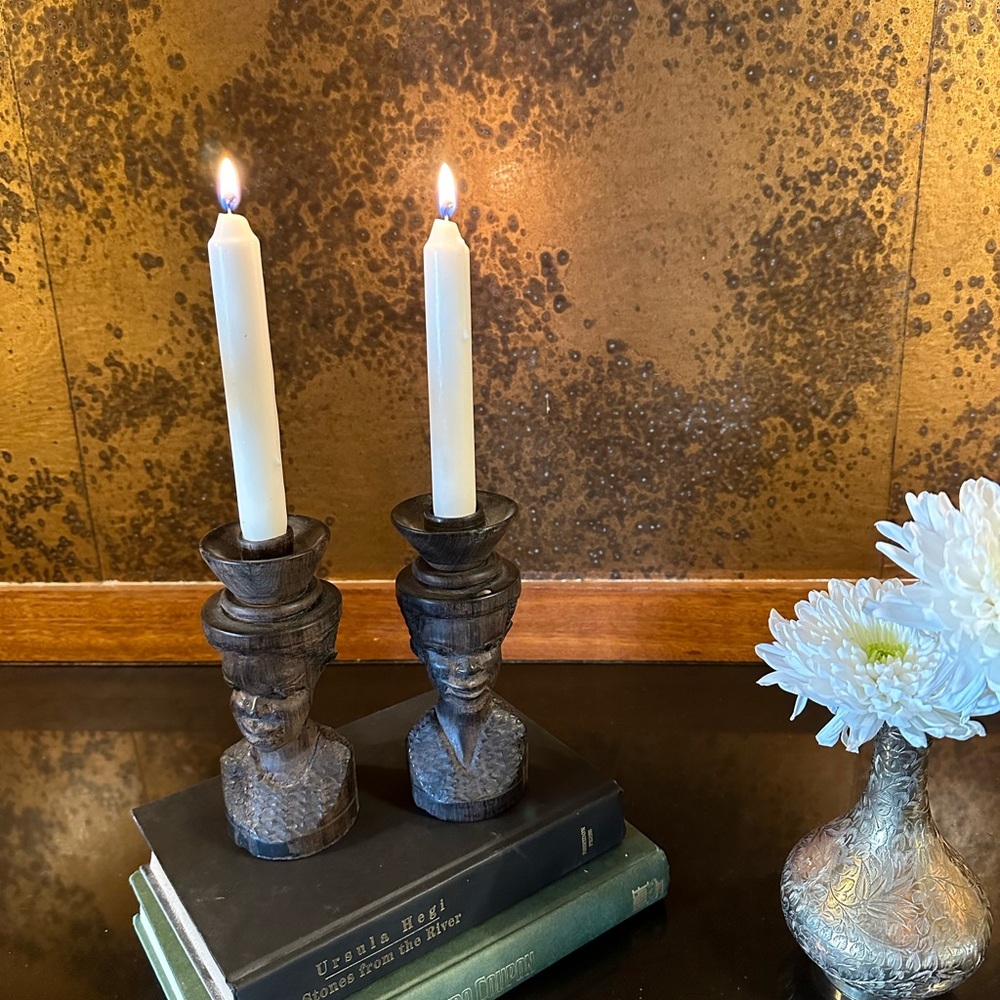 Pair Of Carved Wood African Head Taper Candle Stick Holders